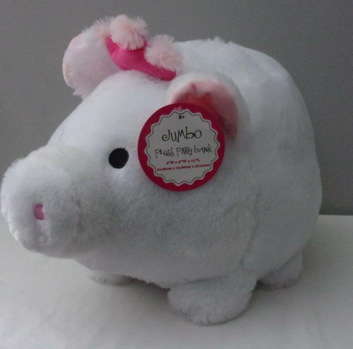 Jumbo White  Plush Piggy Bank FAB NY  Coin Money Storage  NWT