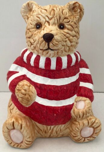 Ceramic Tan Teddy Bear with Red Stripped Shirt Coin Bank