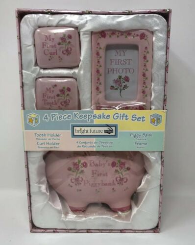 4 Piece Baby Girl Gift Set With Piggy Bank,First Curl, First Tooth,Photo Fram...