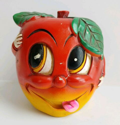 Vintage Anthropomorphic HAPPY APPLE Smiling Fruit Paper Mache Coin Bank, Japan