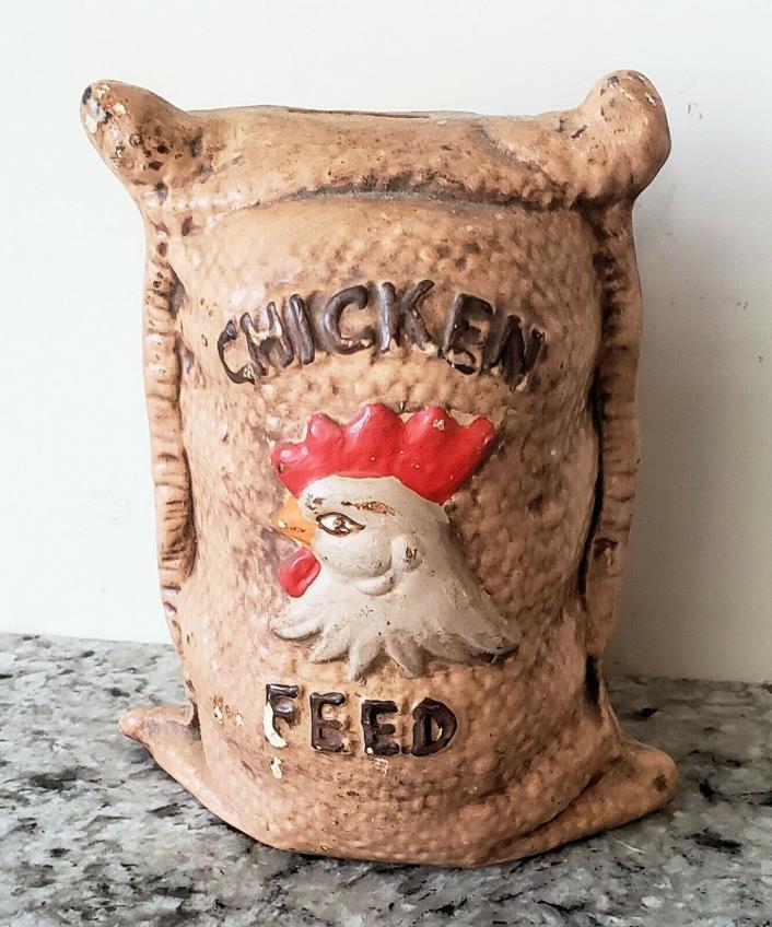 Vintage Ceramic Chicken Feed Burlap Bag Coin Bank w/ Orig. Stopper [VHTF] (VGUC)