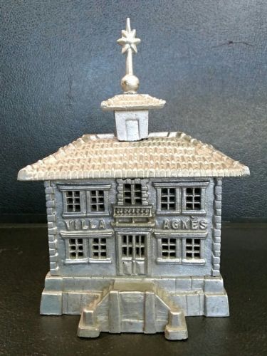 ANTIQUE FRENCH 'VILLA AGNES' PENNY STILL COIN ALUMINUM BANK -SCARCE RARE FRANCE