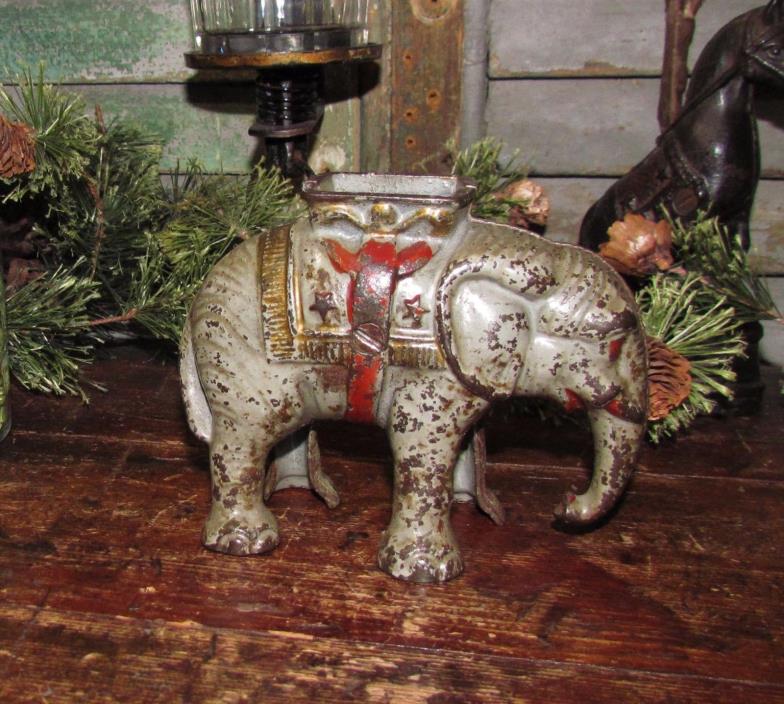 1910 Antique Vtg Hubley Elephant w/ Howdah Cast Iron Still Penny Bank NR