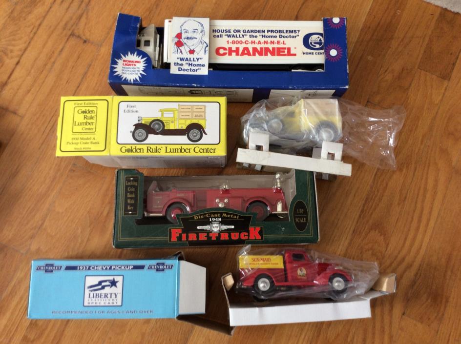 9 toy truck die cast banks Ford Dodge Chevy Ertl 1930 pickup Firetruck rare box