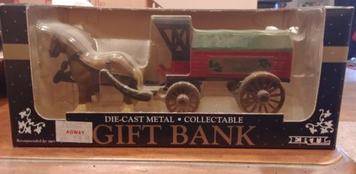 1992 ERTL HAPPY HOLIDAYS DIE-CAST METAL GIFT BANK - HORSE AND CARRIAGE