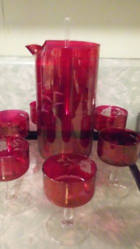Vtg Red Cranberry Etched Cocktail Martini Shaker Pitcher + 12 Glasses Set
