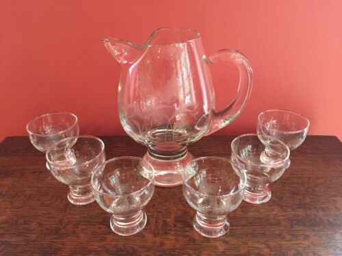 Vintage Etched Glass Wheat Cordial Liquor Glass Set with Pitcher MINT