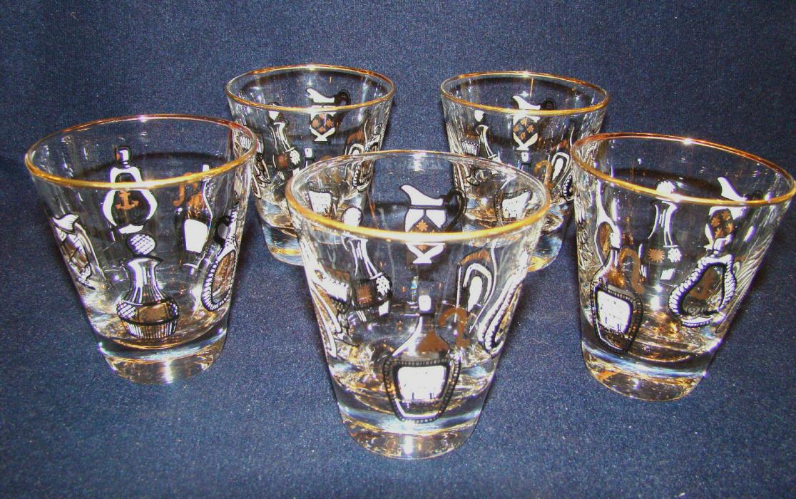 Shot Glass Double Shot Black w/ Gold Alcohol & Bar Designs Set of 5 #18