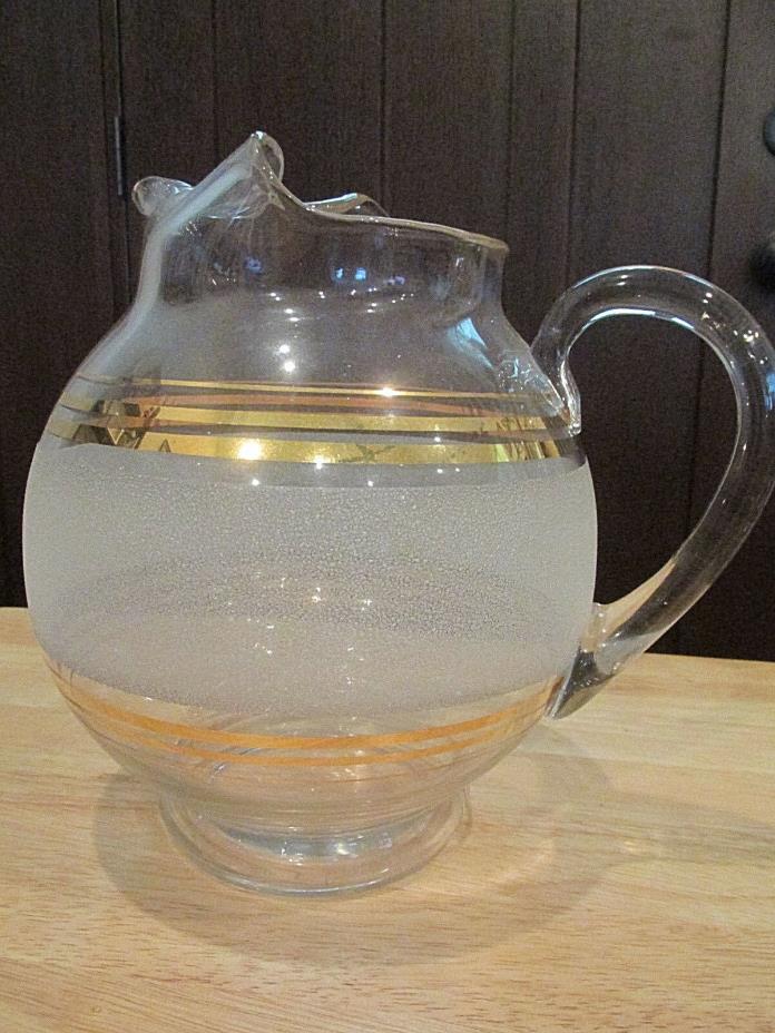 VINTAGE PITCHER FROSTED GLASS WITH GOLD BANDS ICE GUARD SPOUT & HANDLE EUC!!
