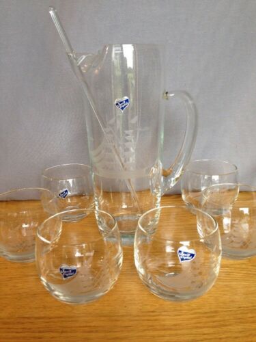 JAVIT 7 PC CRYSTAL SET CLIPPER SHIP CARAFE PITCHER 6 ROLY POLYS HANDCUT/ETCHED