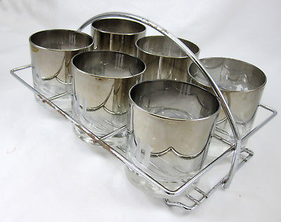 Silver Fade 6 On the Rocks Glasses & Caddy Bar Vintage Mid Century Mongrammed W