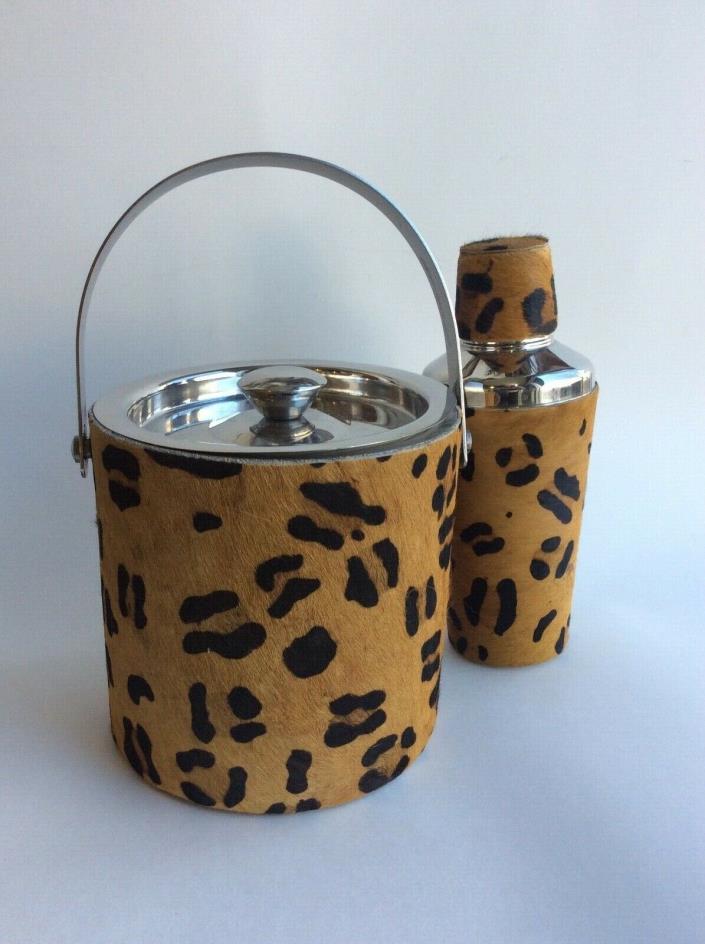 Issac Mizrahi Ice Bucket and Cocktail Shaker, Calfhair Leopard Print, Barware