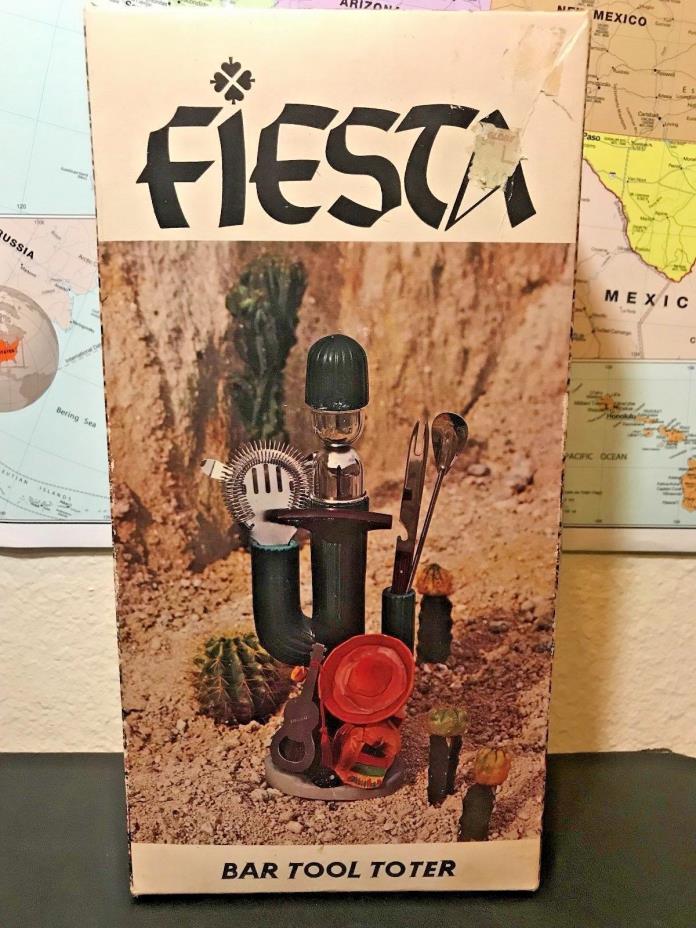 Vintage Mexican Cactus  Bar Tool Toter Cocktail Caddy w Original Box Tools