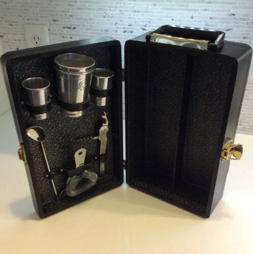 Vintage Travel Portable Bar Case Set Glasses Jigger Shots Spoon Clean Complete