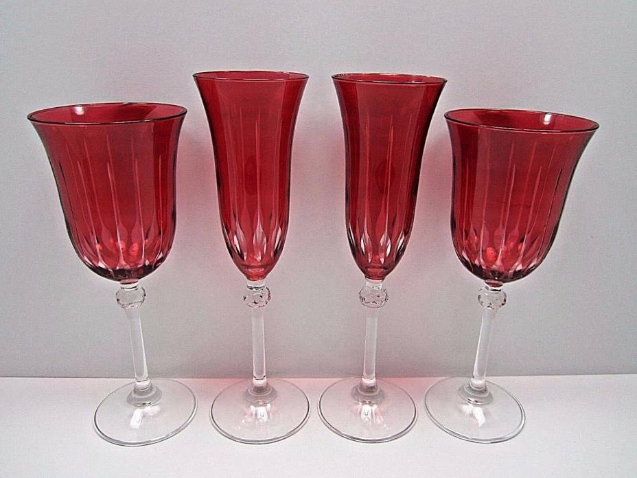 Hand Cut Design Italian Red Cased Crystal Cocktail Flutes Water Goblets Stemware