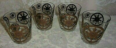 Set Of Four 1960's Stenciled Gold And Black Wagon Wheel Old Fashioned Glasses