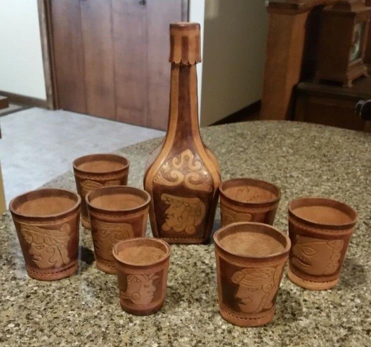 Vtg. Tooled Leather Decanter w/Matching Cup Holders & Shot Glass Holder-Honduras