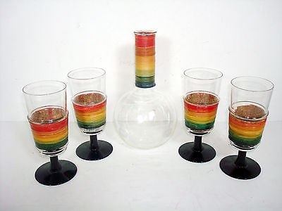 Vintage 1920's Mexican Tequila Rainbow Straw  Decanter Set 4 Shot Glasses Cups