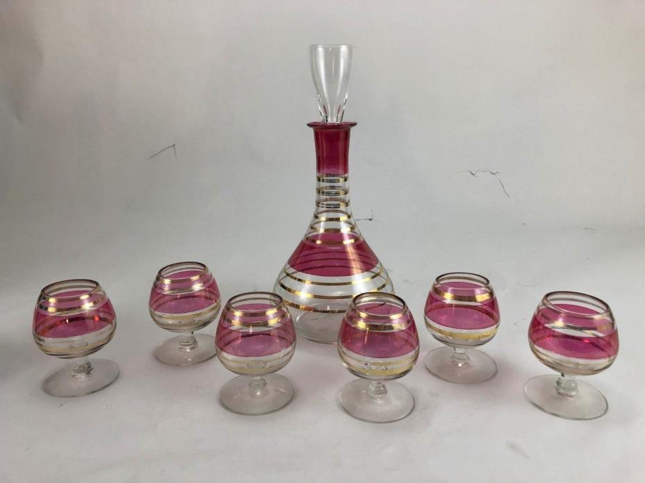 Mid Century Barware Vintage Gold and Raspberry Cordial Set Decanter Glasses