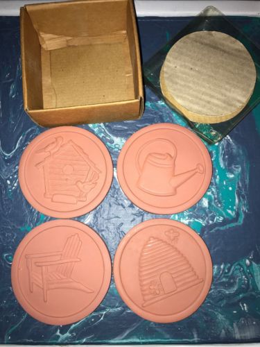 Round Terra Cotta Ceramic Drink Coaster Set of 4 - Garden Outdoor Theme Bird Bee