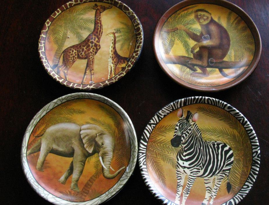 Set of Four Vintage Ceramic Coasters Depicting Jungle Animals