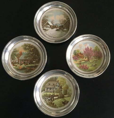 CURRIER & IVES Four Season Sheridan Silver Plate Porcelain Coasters ~ Set of (4)