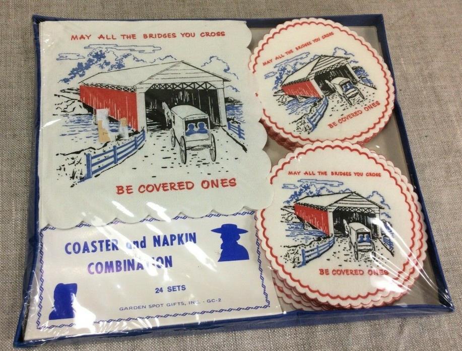 Covered Bridge Napkins Garden Spot gifts Vtg Amish Coasters Paper Horse Buggy