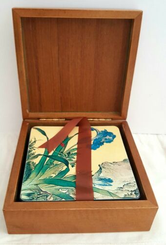Vintage Coasters Mid-Century Asian Flower Decor in Wood Box, Set of 6