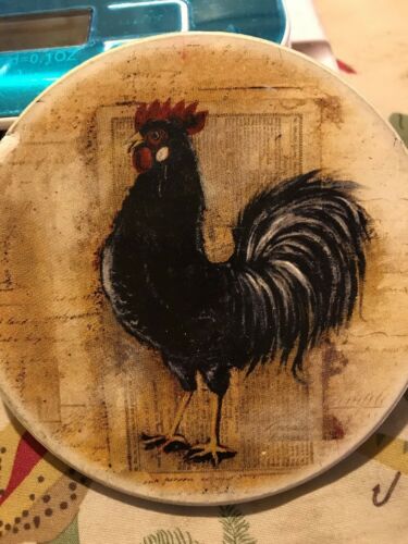 Lot of 4 Rooster Coasters Porcelain with cork bottoms /includes wooden stand