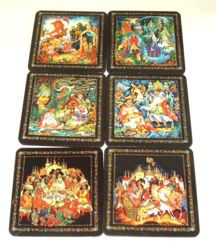 Vtg Russia European Mythology Set of 6 Square Cork Coasters