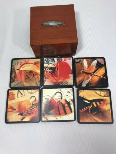 Set Of 6 Fly Fishing Cork Drink Coffee Tea Coasters With Wooden Box Salmon