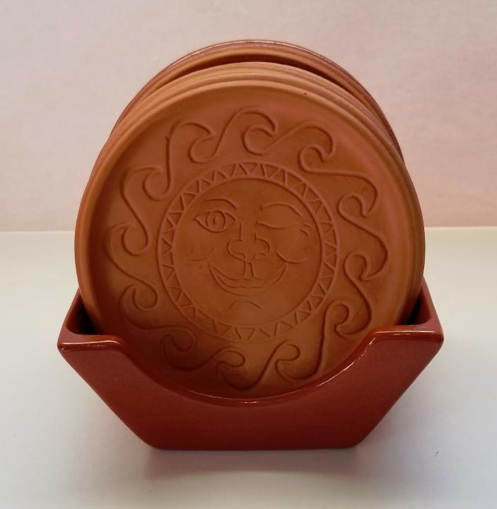 5 Sun Coasters and Holder - Clay / Ceramic -  Collectible - Vintage