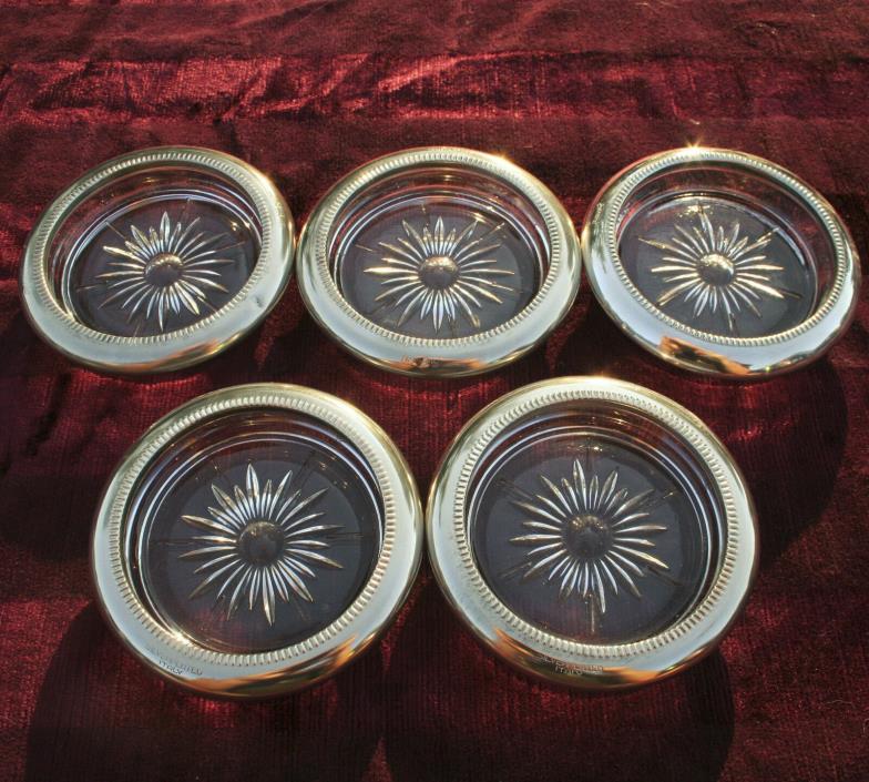 5 Vintage Leonard Silver Plated Rimmed Glass Coasters Barware Dining Italy 4