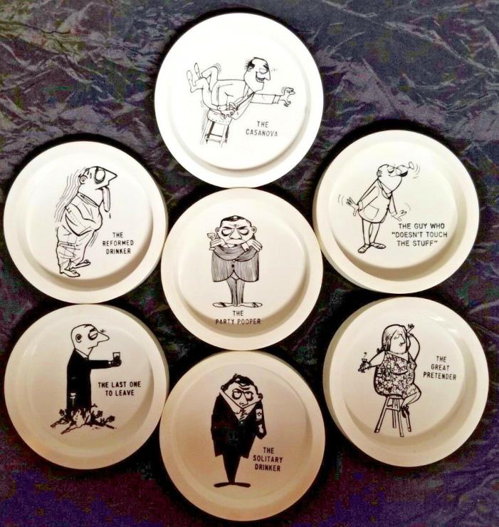 Round Vintage Plastic Funny Coasters Set of 7