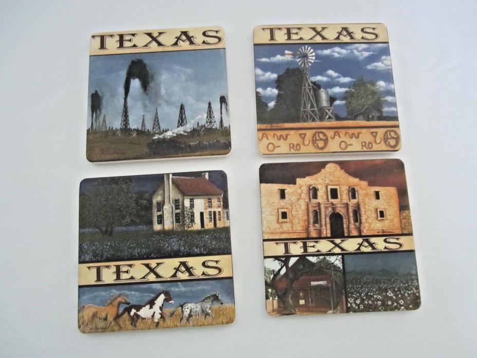 Set of 4 Texas Cork Back Absorbent Stone Coasters / Tiles 4.25” Square NEW