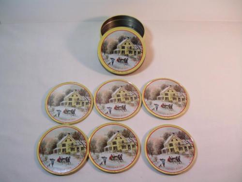 Vintage Currier & Ives COASTER Set 6 pc. w Tin Box Cork Bottom Bar Mancave Cabin