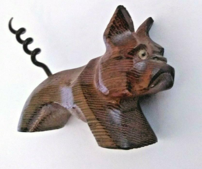 Antique Wood Hand Carved Bulldog Glass Eyes Corkscrew Made In France
