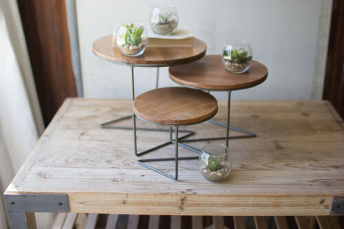 SET OF THREE ROUND WIRE DISPLAY RISERS WITH WOOD TOPS