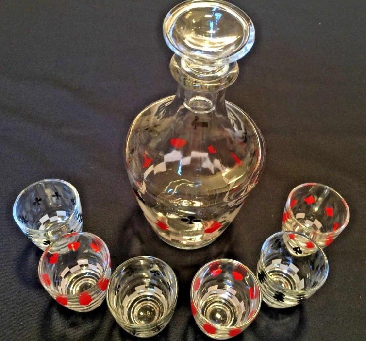 VINTAGE Playing Card Suits Decanter and Set of 6 Shot Glasses - France