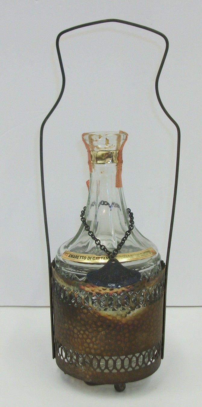 Vintage Crystal Amaretto Liquor Bottle Decanter w/ Silverplate Bar Caddy Carrier