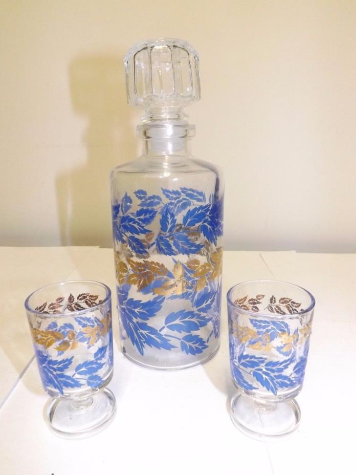 FRANCE MARKED GLASS DECANTER STOPPER & 2 CORDIAL FOOTED GLASSES BLUE GOLD LEAVES