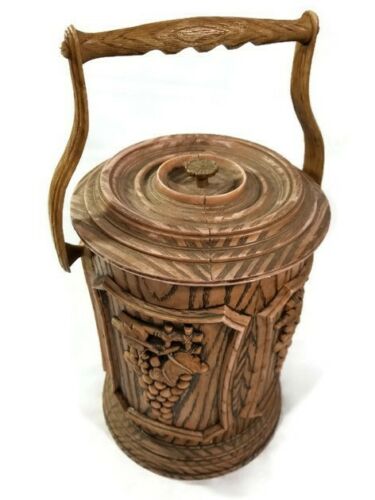 Faux Wood Insulated Ice Bucket w Lid Handle Grapevine Pattern Brown Vintage