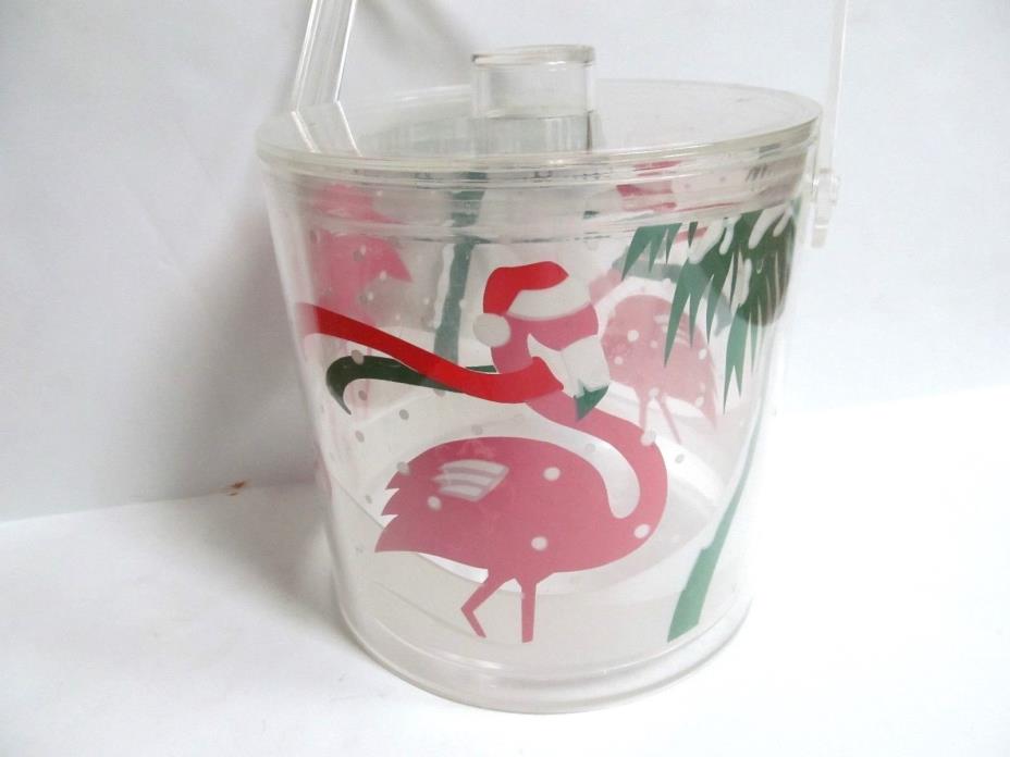 Vintage Pelzman ice bucket Christmas Flamingos Snow Santa hats- Acrylic Lucite