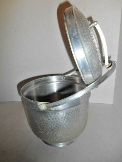 Vtg Hammered Aluminum Ice Bucket SB-501 ITALY w/ Attached Hinged Flip-Up Lid