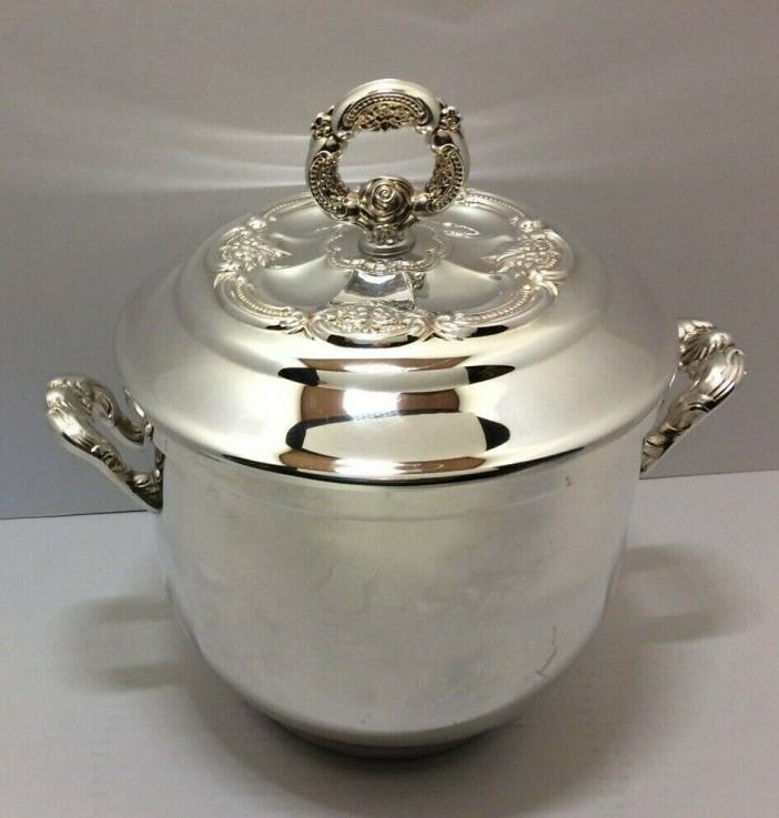 Oneida Silver Plate Ice Bucket Ornate Handles, Cover, Glass Liner Vintage