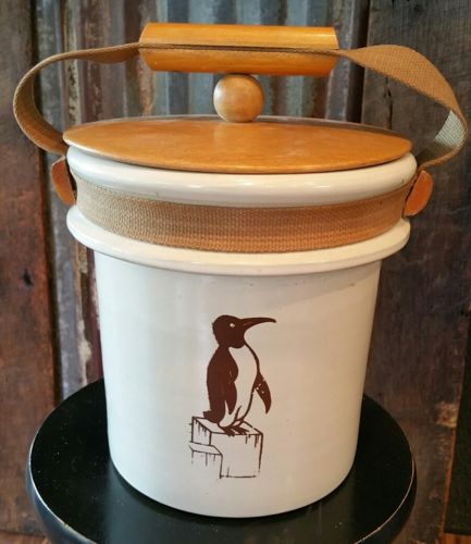 Penguin Ice Bucket Chiller Crock Jug with wooden Lid and carrying strap vintage