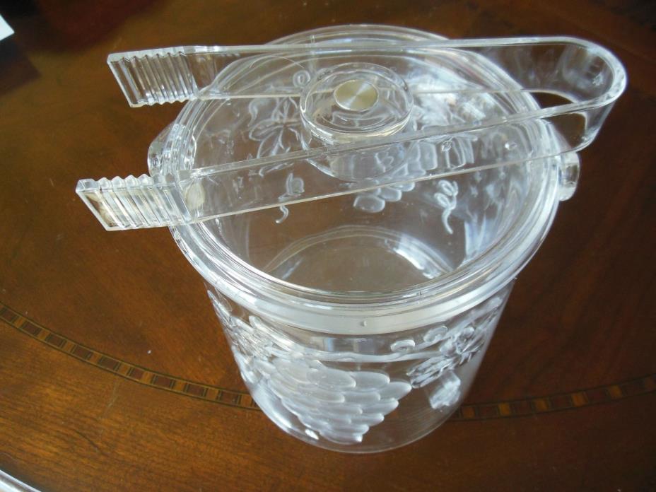 Ice Bucket with Lid and Tongs Grape and Leaf Design Clear Acrylic or Plastic