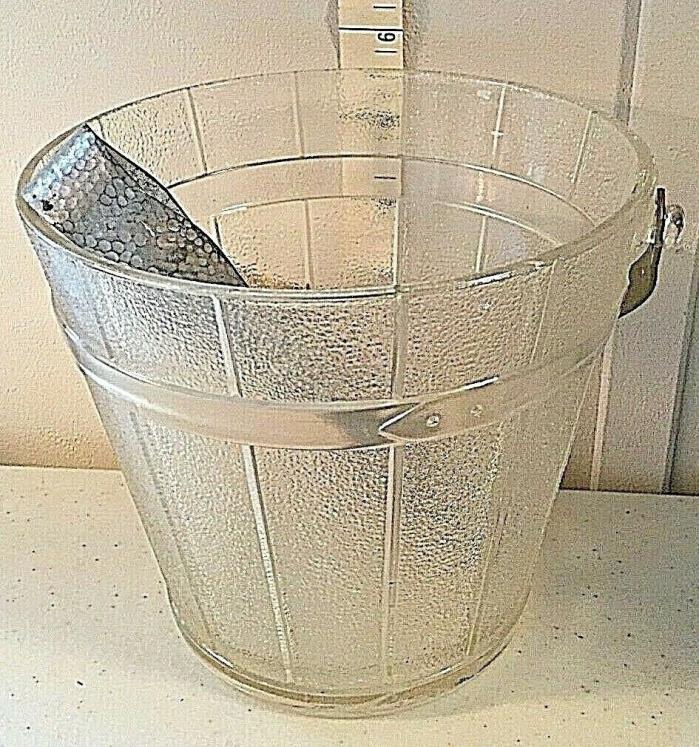 Vintage Glass Ice Bucket with Metal Handle and Tongs Oak Barrel Pattern