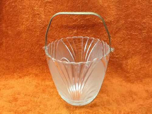 VINTAGE CLEAR AND FROSTED GLASS ICE BUCKET - HAMMERED METAL HANDLE AND ICE TONGS