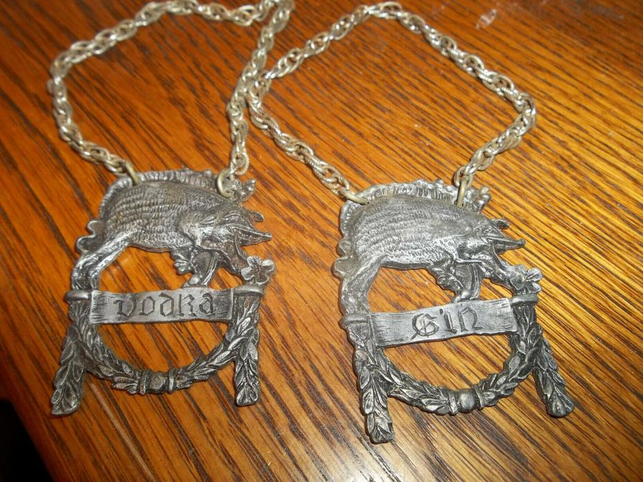 Vintage Gin and Vodka LIQUOR Bottle Tag Label Decanter, Pewter? Razorback?